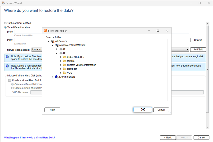 Select Restore Location from Local Machine